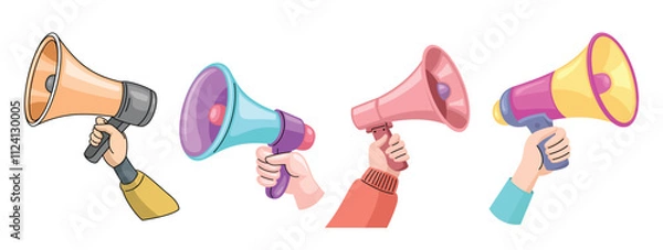 Fototapeta Vector illustration of hands holding megaphones in various colors, representing speech, communication, and announcements.