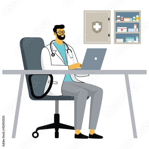 Fototapeta Vector illustration of a doctor sitting at a desk with a laptop in a medical office, emphasizing healthcare and technology.