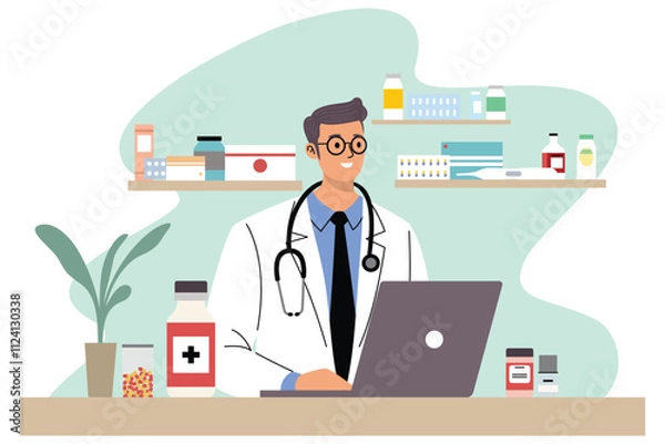 Fototapeta Vector illustration of a doctor sitting at a desk with medical supplies on shelves, representing healthcare and pharmacy.