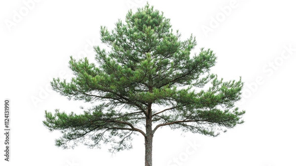 Fototapeta A single pine tree isolated on a white background with green foliage and branches, representing nature and growth