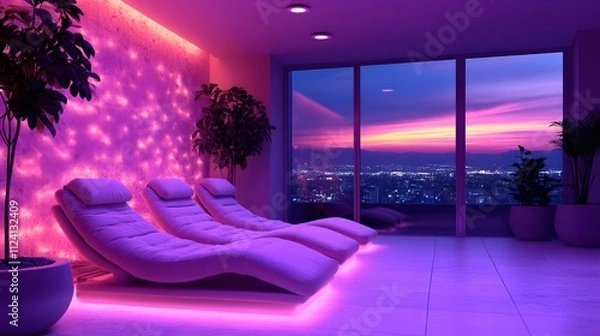 Fototapeta Serene spa setting with three lounge chairs under soft purple lights.