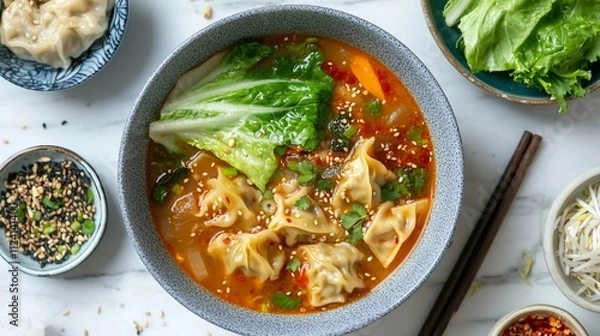 Fototapeta Chinese Dumplings Soup with Lettuce