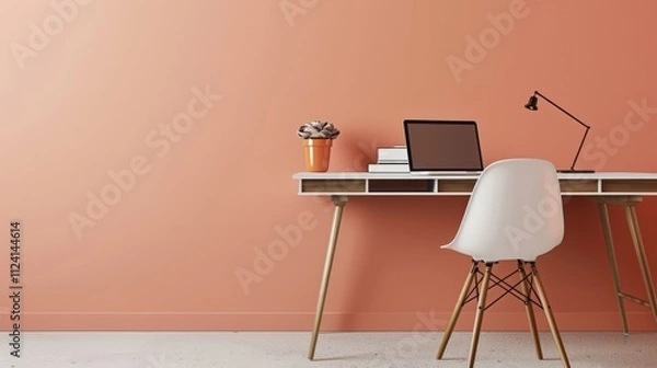 Fototapeta Sleek Minimalist Workspace with Modern Desk and Chair Against Pastel Orange Wall