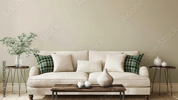 Obraz Minimalist Elegance in Living Room with Beige Sofa, Green Plaid, and Modern Coffee Table