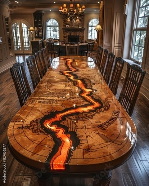 Fototapeta Stunning wooden table featuring a vibrant resin river design on a light gray backdrop