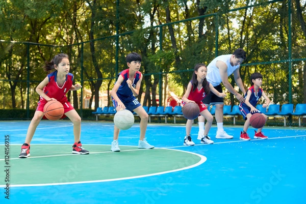 Obraz Chinese Kids Warming Up During Basketball Training Class