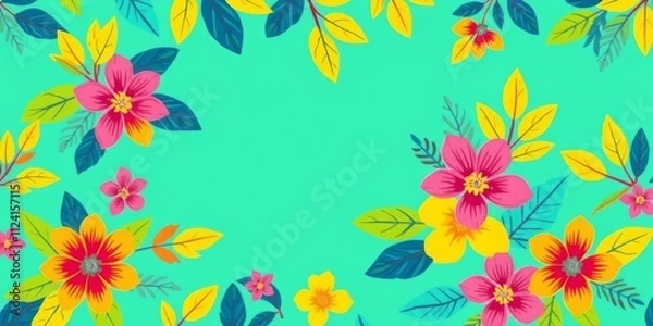 Fototapeta Vibrant spring wallpaper with yellow and turquoise hues, adorned with leaves and flower motifs, ideal for messaging, blank, wallpaper, space