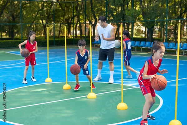 Obraz Chinese Kids Warming Up During Basketball Training Class