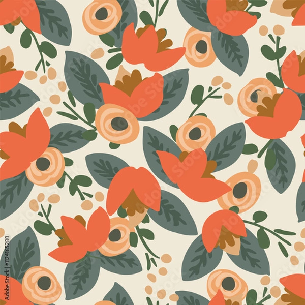 Fototapeta Folded poinsettia bouquet in red, cream and brown flowers with blue and green leaves on off white background. Seamless vector pattern. Great for home decor, fabric, wallpaper, gift wrap, stationery.