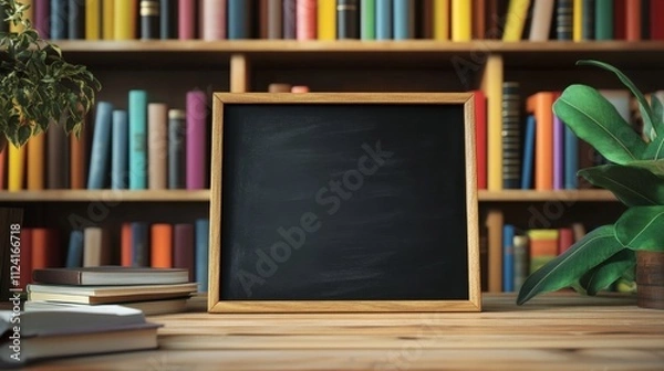 Fototapeta Chalkboard in cozy library setting with stacked books and plants