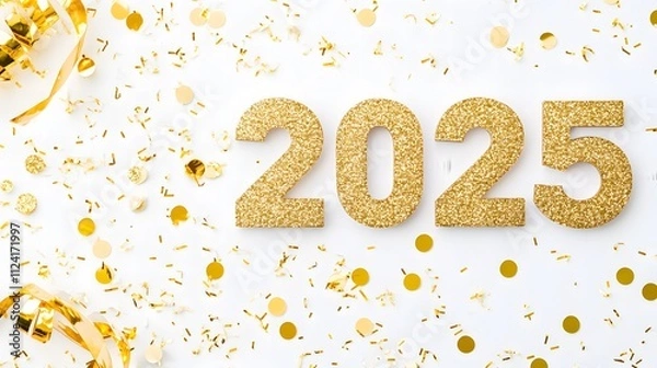 Fototapeta Shiny Gold Glitter '2025' Numbers on White Background with Golden Confetti, Creating a Festive and Joyful Flat Lay Composition in High-Resolution Vector Illustration