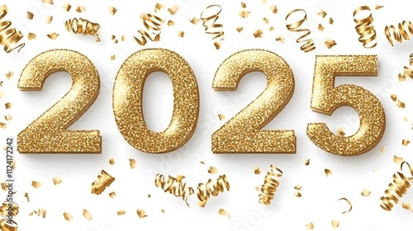 Fototapeta Shiny Gold Glitter '2025' Numbers on White Background with Golden Confetti, Creating a Festive and Joyful Flat Lay Composition in High-Resolution Vector Illustration