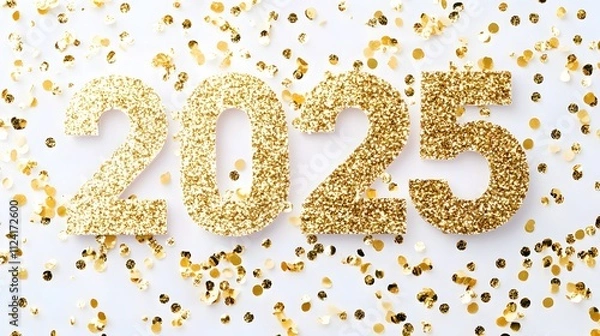 Fototapeta Shiny Gold Glitter '2025' Numbers on White Background with Golden Confetti, Creating a Festive and Joyful Flat Lay Composition in High-Resolution Vector Illustration
