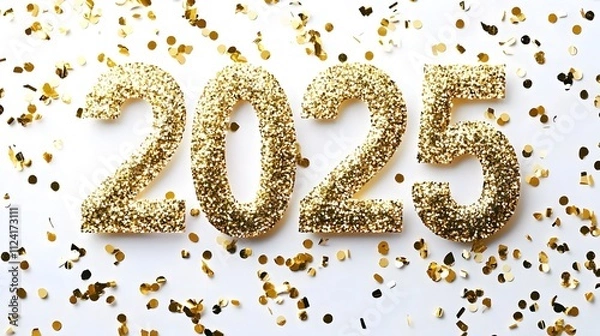 Fototapeta Shiny Gold Glitter '2025' Numbers on White Background with Golden Confetti, Creating a Festive and Joyful Flat Lay Composition in High-Resolution Vector Illustration