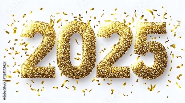 Fototapeta Shiny Gold Glitter '2025' Numbers on White Background with Golden Confetti, Creating a Festive and Joyful Flat Lay Composition in High-Resolution Vector Illustration