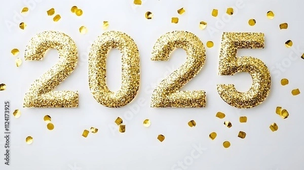 Fototapeta Shiny Gold Glitter '2025' Numbers on White Background with Golden Confetti, Creating a Festive and Joyful Flat Lay Composition in High-Resolution Vector Illustration