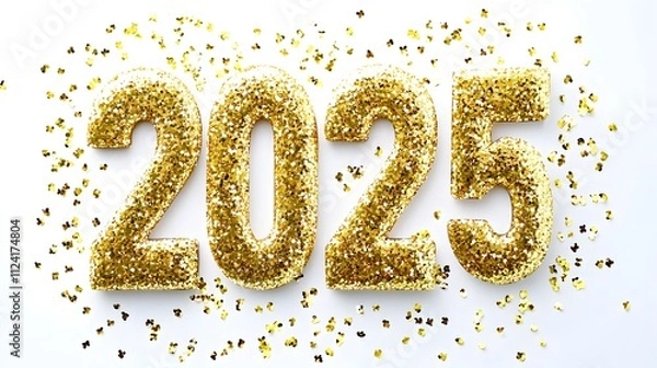 Fototapeta Shiny Gold Glitter '2025' Numbers on White Background with Golden Confetti, Creating a Festive and Joyful Flat Lay Composition in High-Resolution Vector Illustration