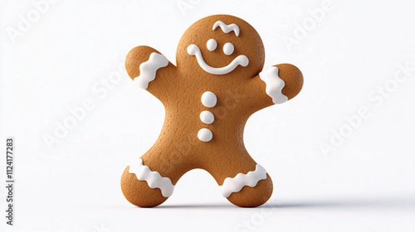 Obraz A happy welcoming gingerbread man with white icing on a white background smiling holiday Christmas cookie