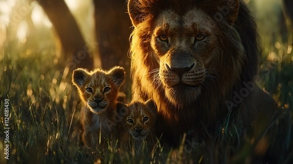 Fototapeta Lion with Cubs Sitting on Grass with Soft Sunlight