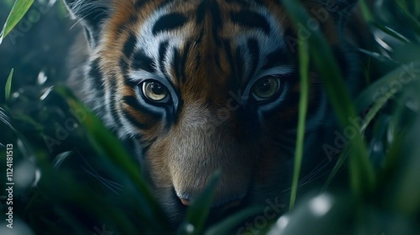 Fototapeta Tiger Face Hidden in the Grass, Closeup View of Tiger Face