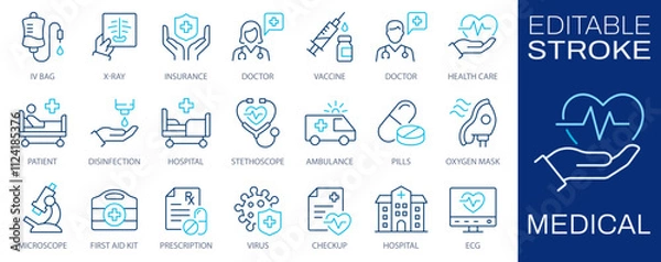 Obraz Medical line icons, such as vaccine, stethoscope, x-ray, oxygen mask and more. Editable stroke.
