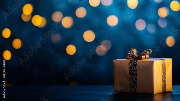 Fototapeta beautifully wrapped gift box with shiny ribbon sits against blurred background of warm bokeh lights, creating festive and joyful atmosphere perfect for celebrations
