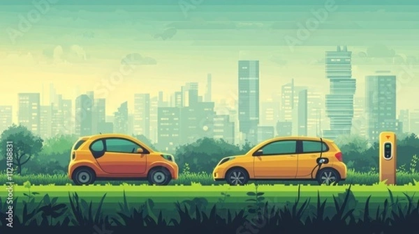 Fototapeta A banner emphasizing the environmental benefits of EVs, featuring an electric car in a green field and a gasoline car in a smoggy urban setting