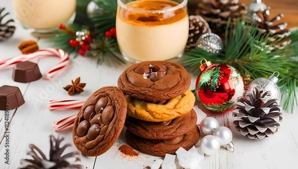 Fototapeta Homemade Eggnog for Christmas with Nutmeg, Cinnamon, and Rustic Charm on a Festive Background