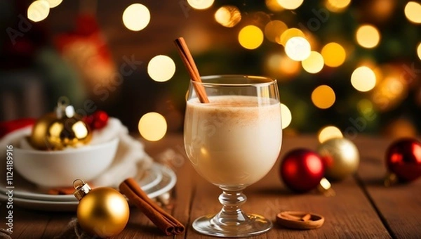 Fototapeta Homemade Eggnog for Christmas with Nutmeg, Cinnamon, and Rustic Charm on a Festive Background