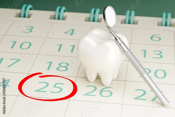 Obraz Dentist appointment reminder calendar. Tooth with a dental mirror near the calendar. 3d render