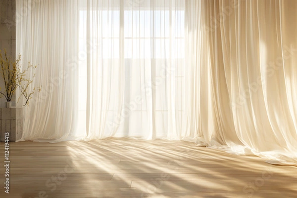 Fototapeta Backlit window with white curtains in empty room clean. Sunlight shines evening through window modern and inside there are shadows light. Interior room decoration. Background Abstract Texture.	