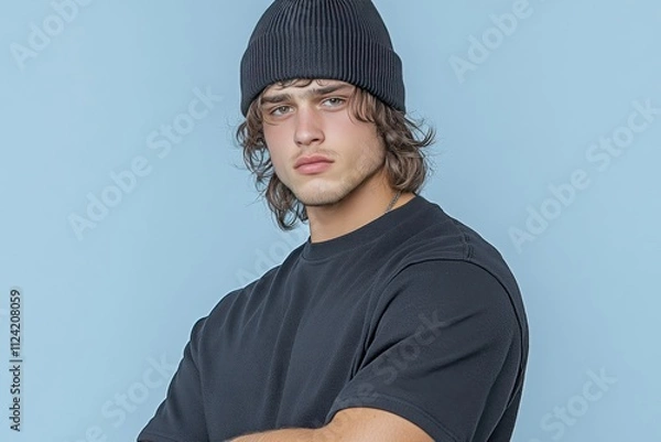 Obraz Cartoon Criminal in Black T-Shirt and Beanie with Copy Space