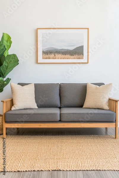 Fototapeta Comfortable living room setup with gray sofa and wall art in a serene space
