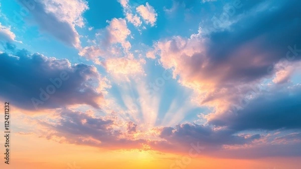 Fototapeta A vibrant sunset sky filled with colorful clouds and rays of sunlight breaking through, creating a serene and picturesque atmosphere.