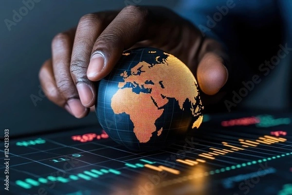 Fototapeta Global Business Growth: African Entrepreneur Analyzing Graph Chart with Earth Globe in the Background