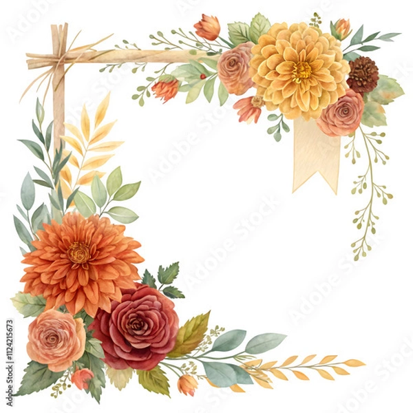 Fototapeta Autumn floral corner border with dahlia, rose and eucalyptus leaves. Fall frame, banner, Botanical plant illustration , elegant watercolor ,transparent background, PNG element ,Wedding Stationery