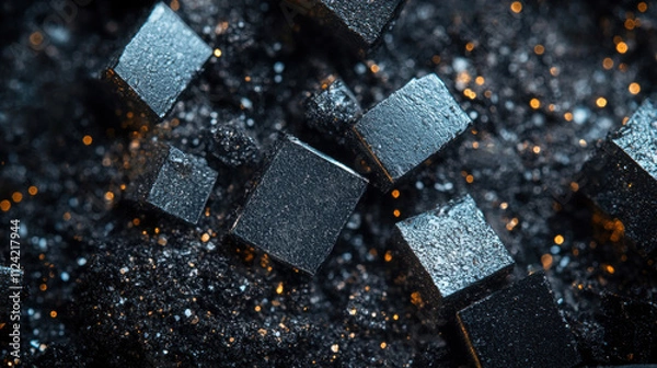 Obraz Dark Matter Cubes: Abstract 3D render of dark, metallic cubes embedded in a textured, dark gray substance with sparks of light, creating a dramatic and mysterious scene.