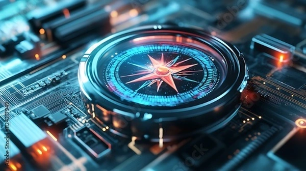 Fototapeta Glowing Compass integrated on circuit board, symbolizing guidance and direction in advanced technology