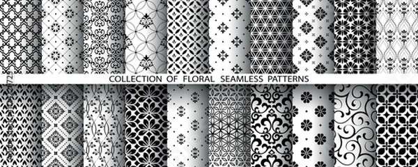 Fototapeta Geometric floral set of seamless patterns. White and black vector backgrounds. Damask graphic ornaments.
