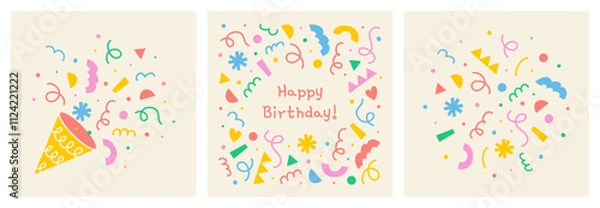 Fototapeta Set of cute happy birthday greeting cards with party popper, colorful geometric shapes frame, confetti explosion on light background, hand drawn illustration, flat style, drawing
