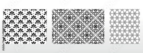 Fototapeta Geometric floral set of seamless patterns. White and black vector backgrounds. Damask graphic ornaments.