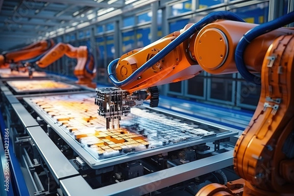 Fototapeta Innovative factory automation with robots producing solar panels