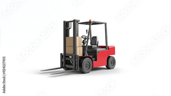 Fototapeta A detailed illustration of a forklift transporting a product box, surrounded by minimal industrial elements, isolated on a white transparent background