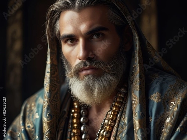 Fototapeta The Sage's Gaze: A contemplative portrait of a mature man with a long, flowing beard, dressed in a traditional robe, looking out a window.