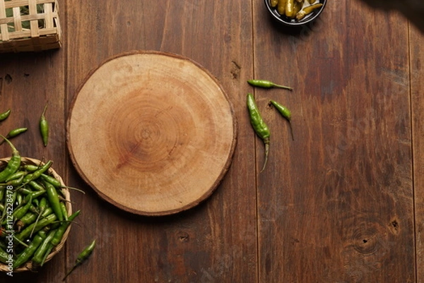 Fototapeta Sweet and sour green chili pickles with brown wood background