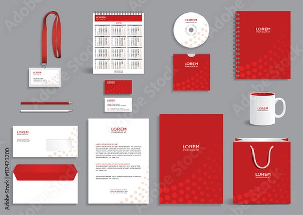 Fototapeta Business stationery set template, corporate identity design mock-up, stationery set with red pattern with circles, vector illustration