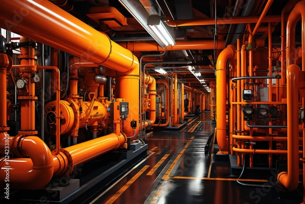 Obraz Overview of a machine room with compressors and extensive industrial piping