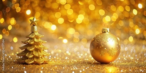 Fototapeta Golden Christmas tree toy ball with festive confetti on a yellow bokeh background , Christmas, tree, toy, ball, golden