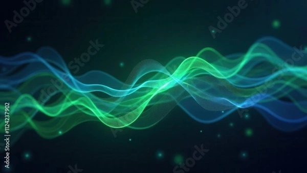 Fototapeta Pulsing electric waves. Vector art depicting luminous green and blue AI neural waves flowing seamlessly on a dark background. Smooth 4K UHD quality with no grain or noise