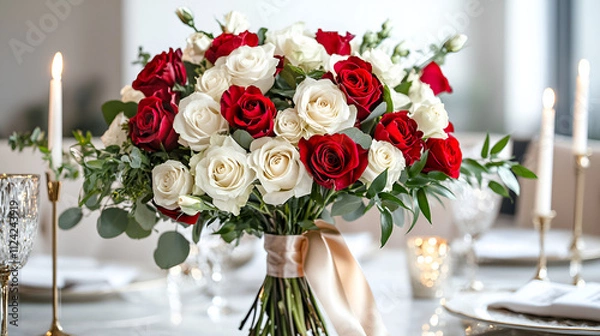 Fototapeta Red & White Roses: Festive Bouquet